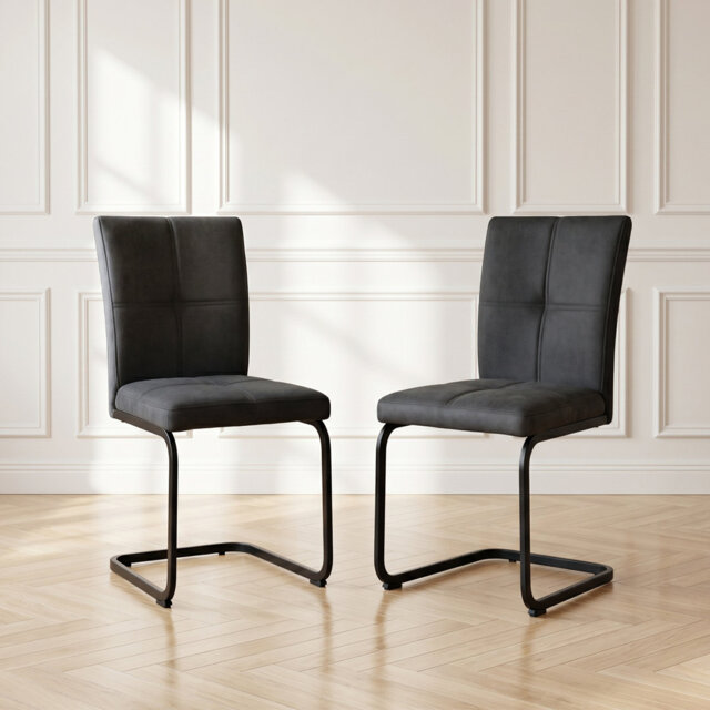 Cantilever Dining Chairs Se, Grid Tufting with Ergonomic High Back - Modern Grey Fabric Kitchen Chairs for Dining Room, Home and Kitchen