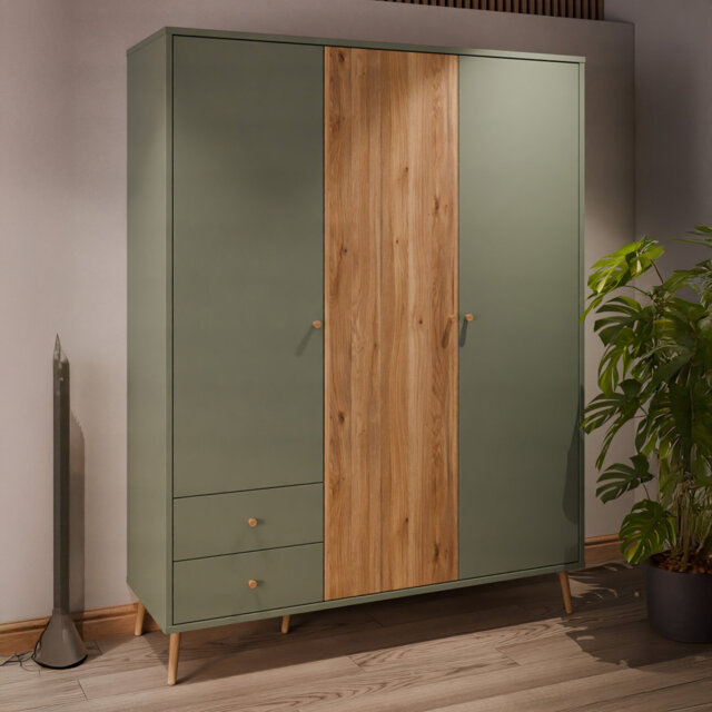 Mid-Century-Modern wardrobe, EasyKlix by Forte quick assembly system, 3 doors, 2 drawers, tall feet, engineered wood, sage/oak decor, 154.2 cm W x 201