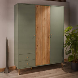 Mid-Century-Modern wardrobe, EasyKlix by Forte quick assembly system, 3 doors, 2 drawers, tall feet, engineered wood, sage/oak decor, 154.2 cm W x 201