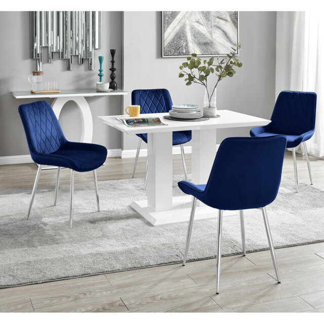 Edzard Double Pedestal High Gloss Dining Table Set with 4 Luxury Velvet Dining Chairs