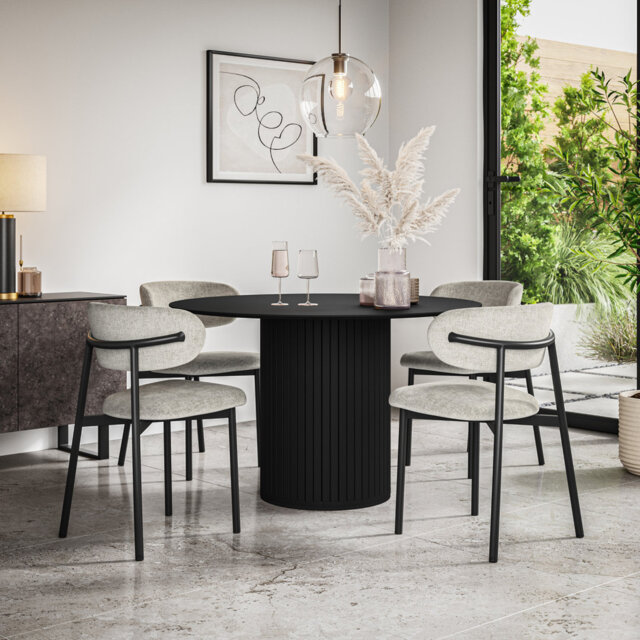 Arlo Black Table Top W Black Legs + Myla Linen Dining Chair Grey Set Of 4