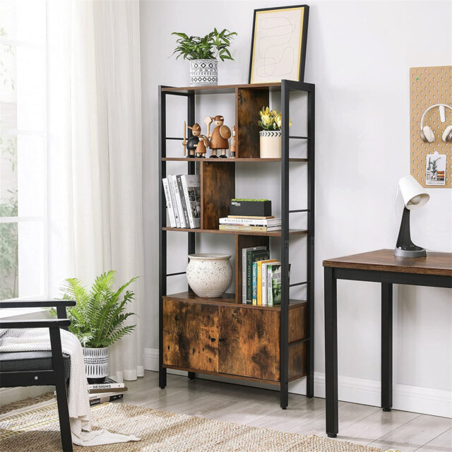 Bookcase, bookcase with 4 open shelves, shelf, free-standing shelf, spacious living room cabinet, kitchen, office, steel frame, industrial design, vin