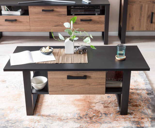 Sleek Nordi Coffee Table 110cm in Okapi Walnut & Black Matt â Modern Storage with Minimalist Design