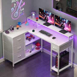 L-Shaped Computer Desk With 4 Drawers, Gaming Desk With Power Outlet And Monitor Stand, Corner Desk