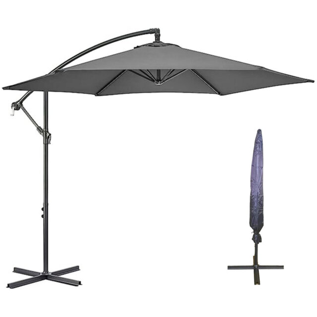 Charlesetta 3m Cantilever Parasol in Grey with Crank Handle for Patio Garden Banana Parasol with UV Protection Outdoor Umbrella Sun Shades for Garden