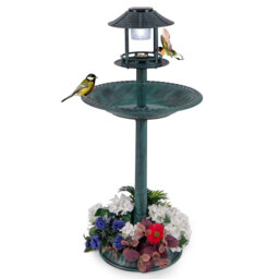 Garden Solar Lighted Bird Bath Pedestal Bird Feeder W/ Flower Planter Base
