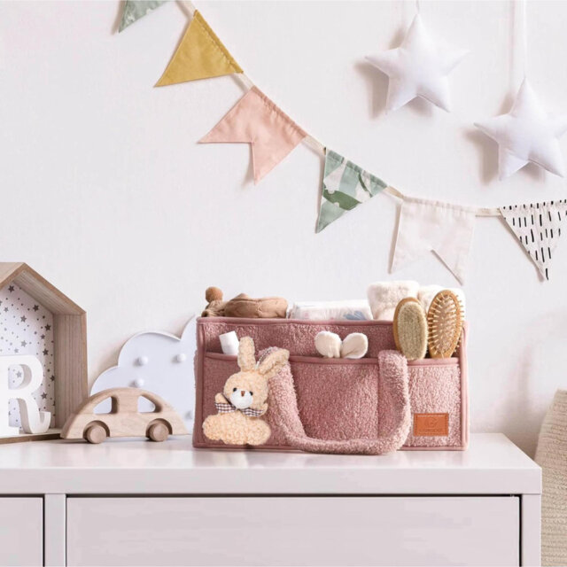 Nappy Caddy Organiser Changing Basket Baby Essentials Baby Hamper Basket Portable Travel Bag Luxury Soft Fabric Rabbit Key Ring Detachable Compartment