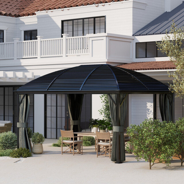 Dark Grey Arched Hardtop Gazebo, Bronze Aluminum Frame & Slatted Steel Roof, Curtains + Mesh + Ceiling Hooks, 4m×3m All-Weather Patio Pavilion