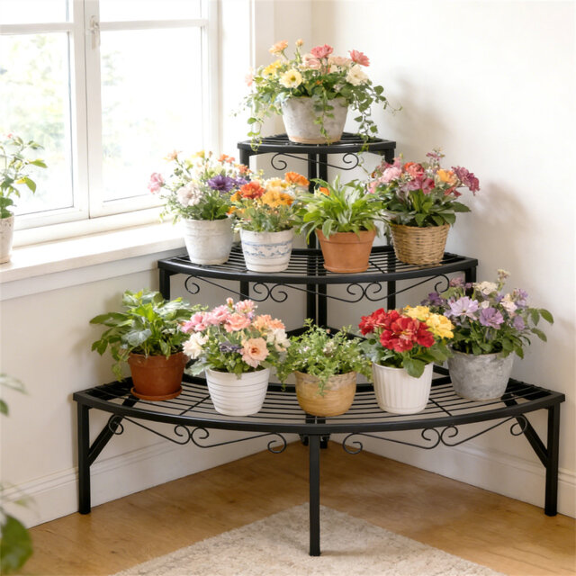 3 Tier Metal Plant Stand Corner Ladder Shelves Garden Flower Display Rack