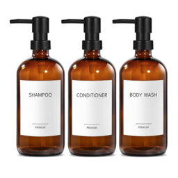 Amber Glass Shampoo/Conditioner Dispenser Set - Refillable Shower Bottles with Labels - for Body Wash & Soap