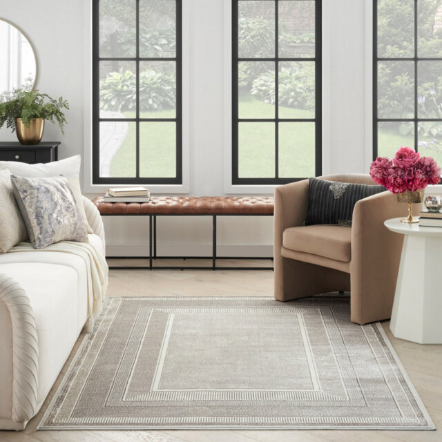 Grey Silver Abstract Bordered 10Mm Pile Rug For Bedroom, Living, & Dining Room, Anti Shed Modern Rug
