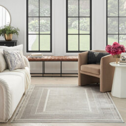 Grey Silver Abstract Bordered 10Mm Pile Rug For Bedroom, Living, & Dining Room, Anti Shed Modern Rug