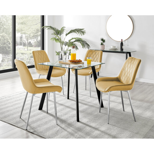 Scandinavian Style Glass and Metal Leg Square Dining Table Set - 4 Modern Velvet Dining Chairs