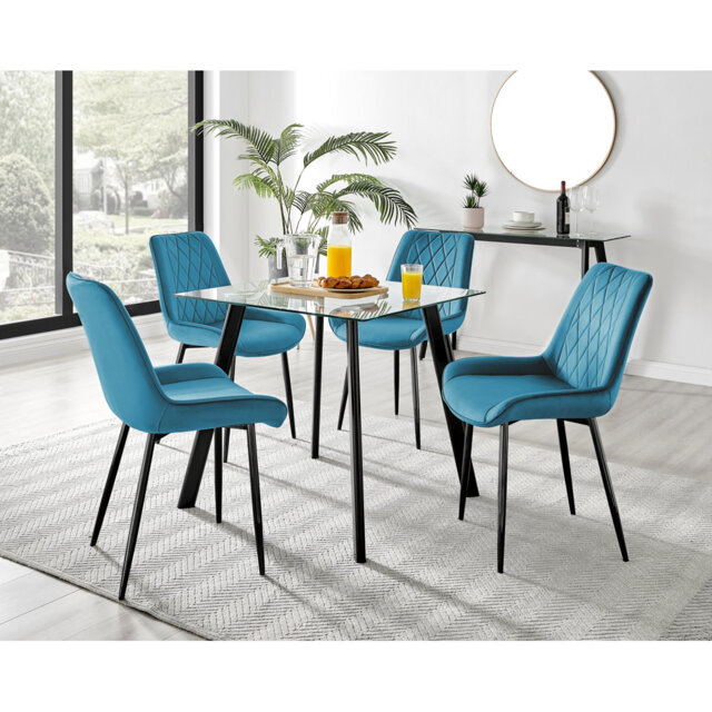 Scandinavian Style Glass and Metal Leg Square Dining Table Set - 4 Modern Velvet Dining Chairs
