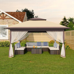3m x 3m Pop Up Gazebo - Double Roof Garden Shelter with Netting & Sandbags - Height Adjustable Outdoor Party Tent