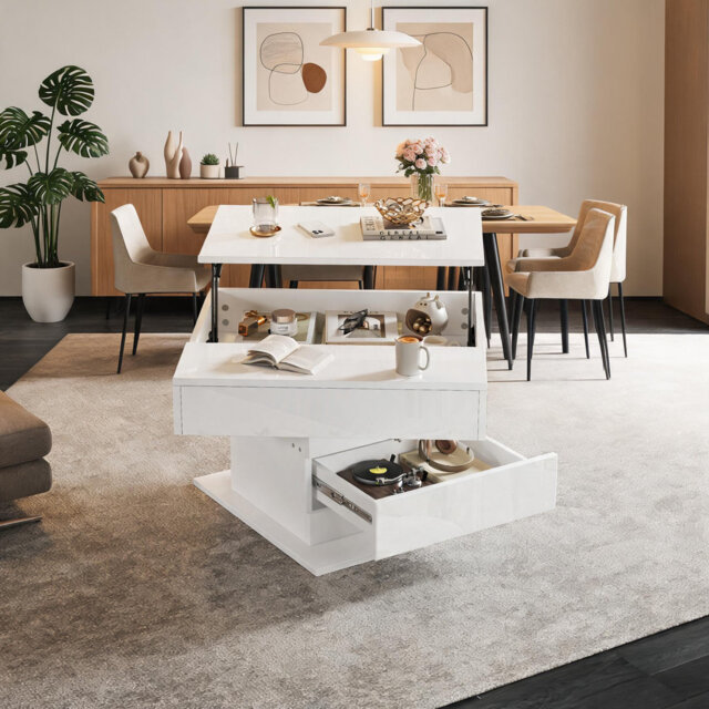 360°Rotating Lift-Top Coffee Table, 70x70cm High Gloss White Square Centre Table with 1 Drawer, Height Adjustable, Hidden Storage, Space-Saving Sofa S