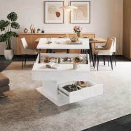 360°Rotating Lift-Top Coffee Table, 70x70cm High Gloss White Square Centre Table with 1 Drawer, Height Adjustable, Hidden Storage, Space-Saving Sofa S