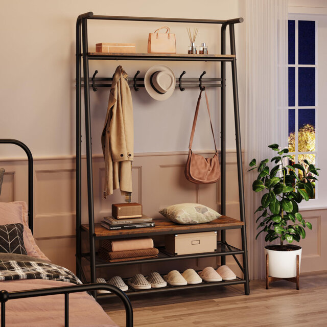 3-in-1 Hall Tree with Coat Rack, Bench and 3-Tier Shoe Storage – Metal & Wood Frame, 5 Hooks, Hanging Rail – Entryway Organizer for Hallway, Mudroom,