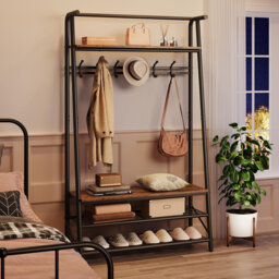 3-in-1 Hall Tree with Coat Rack, Bench and 3-Tier Shoe Storage – Metal & Wood Frame, 5 Hooks, Hanging Rail – Entryway Organizer for Hallway, Mudroom,