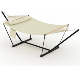 3.6m 2 Person Double Outdoor Hammock with Curved Wooden Spreader Bar, Dark Grey Hammock with Detachable Pillow Chains & T-Shaped Bracket, 204kg Weight