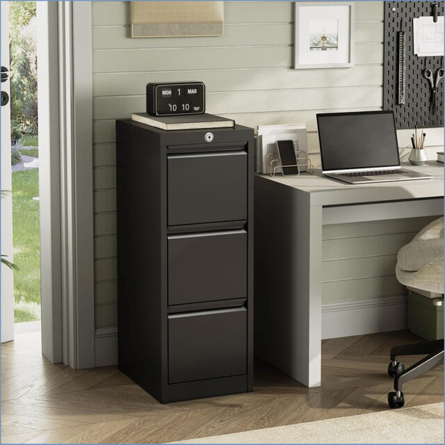 File Cabinet, 3-Drawer Metal File Cabinet with Lock, Legal/A4 Folders for Home, Office, Assembly Required, Black