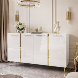 Sideboard ONYX 4D 158 cm white/ white gloss with handles on gold legs