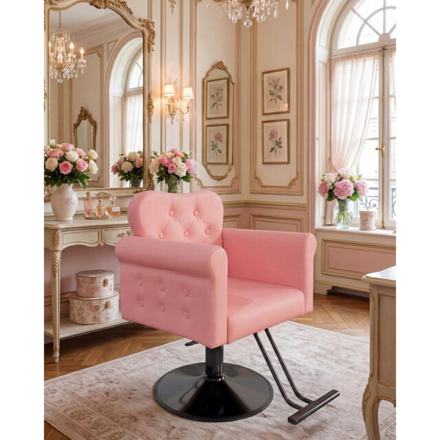 Salon Chair for Hair Stylist, PU Leather Barber Chair with 360° Swivel, Tufted Button, Metal Round Base, Hydraulic Lift, Supports Up to 330 Lbs, for B