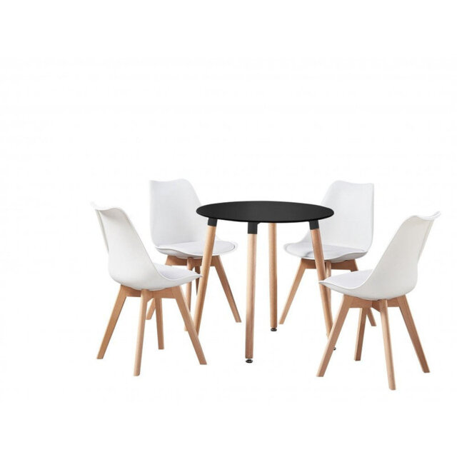 Christy 4 Person Dining set - a Round Plastic Dining Table with Wooden Legs and a Set of 4 Faux Leather Cushion Padded Dining Chairs for Dining Room -