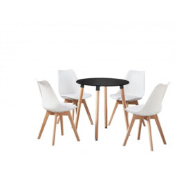 Christy 4 Person Dining set - a Round Plastic Dining Table with Wooden Legs and a Set of 4 Faux Leather Cushion Padded Dining Chairs for Dining Room -