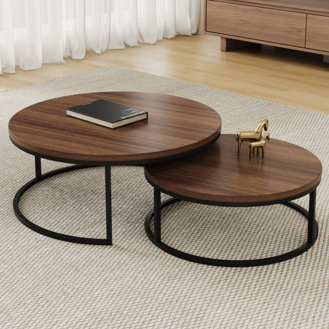 Modern Nesting Coffee Tables Set of 2, Round Walnut Wood Top with Black Metal Frame, Contemporary Living Room Tables 80cm x 60cm Modular Table