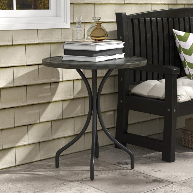 Garden Side Table, Round Bistro Coffee Table, Outdoor Patio Table With Steel Frame And Slat Tabletop For Balcony And Porch