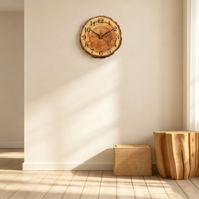 Vintage Farmhouse Tree-Stump Wall Clock, 12-Inch Rustic Brown Wooden Wall Clock with Annual Ring Texture, Silent Non-Ticking Battery-Powered Clock wit