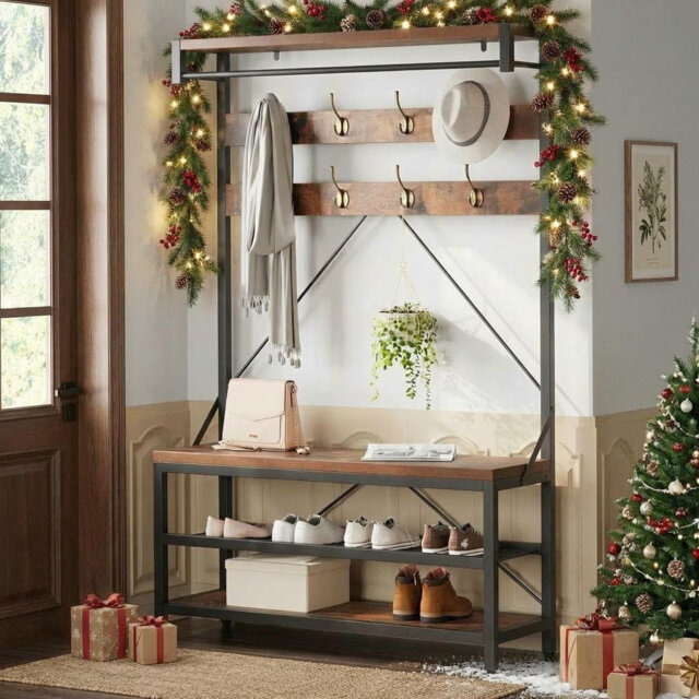 Industrial Hall Tree with Bench and Shoe Storage – Entryway Coat Rack with Hooks, Hanging Bar & Shelf, Wood Look Mudroom Bench for Closet or Hallway