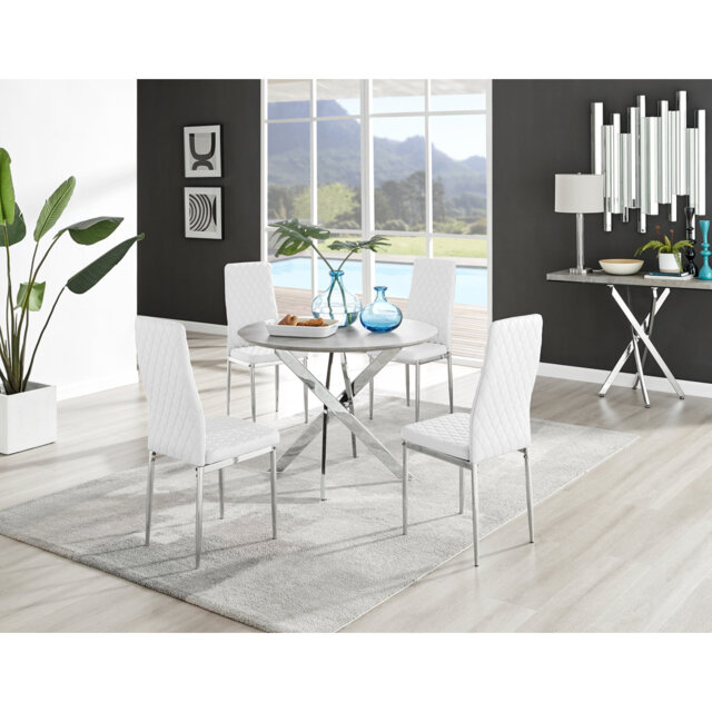 Tierra Modern Chrome Metal & Glass Round Dining Table Set with 4 Quilted Faux Leather Chairs