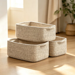 Set of 3 Woven Rope Storage Baskets, 33 x 20 x 13cm, White & Brown, Shelf & Wardrobe Organiser for Towels, Toys, Decorative Home Organisation