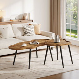 2-Piece Solid Wood Nesting Coffee Table, Irregular Shape Tabletop With Sturdy Metal Legs, Space-Saving Living Room Table Set