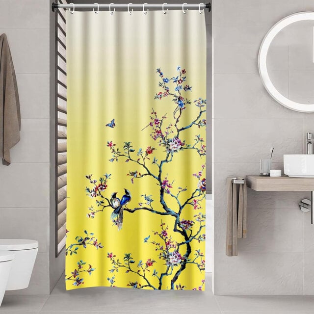 Bird Floral Butterfly Fabric Shower Curtain 90×180cm, Mould Proof Washable Bathroom Curtain with 12 Hooks