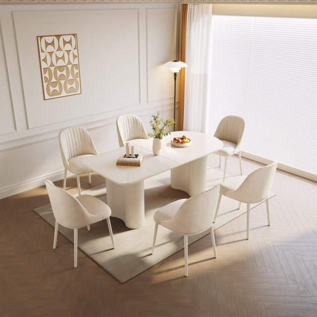 Cream Dining Table Set With 6 Chairs, Modern Oval Dining Table And Upholstered Chairs, 160 X 80 Cm Family Dining Room Set