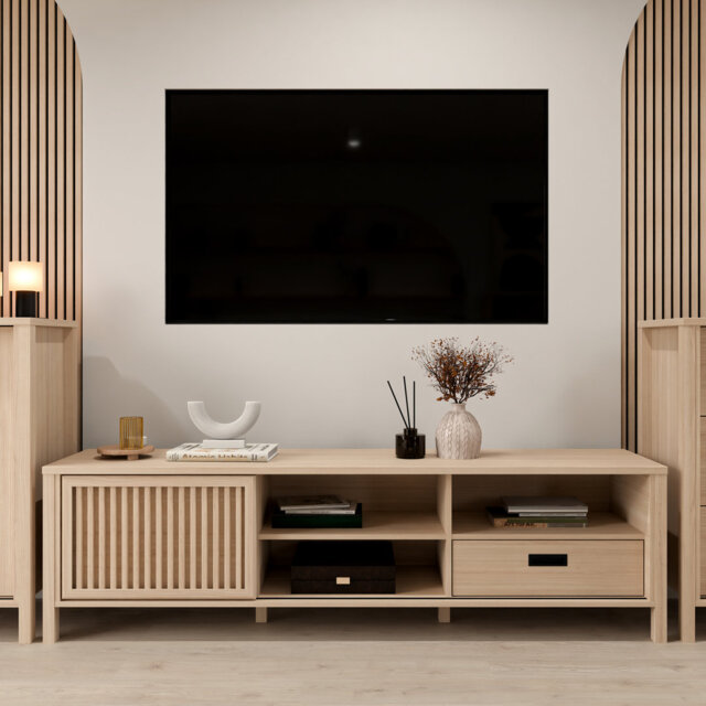 Modern Scandinavian Style TV Unit with Slatted Sliding Door and Storage Compartments, Engineered Wood, Light Oak Decor, 174.8 cm W x 49.9 cm H x 40.2