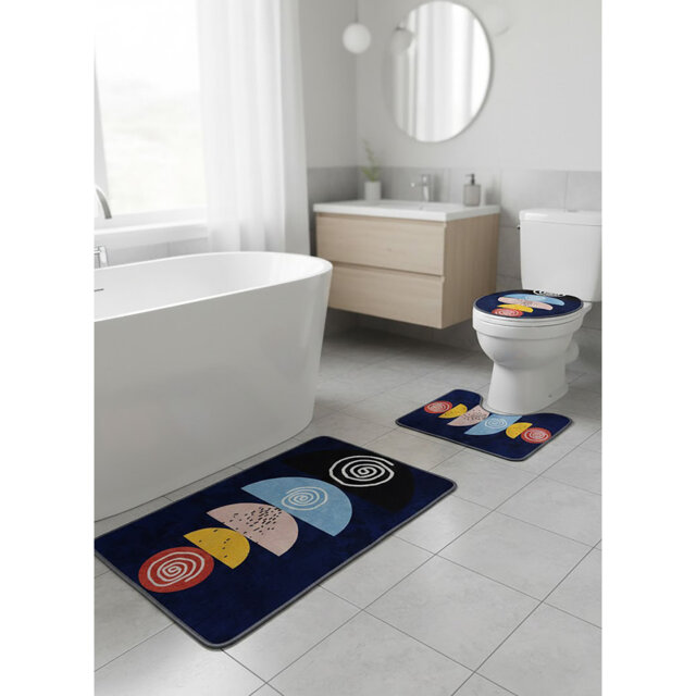 "Mid-Century Modern ""Orbit"" 3-Piece Bathroom Rug Set: Abstract Geometric Navy & Pastel Non-Slip Bath Mat, Rug, and Lid Cover"