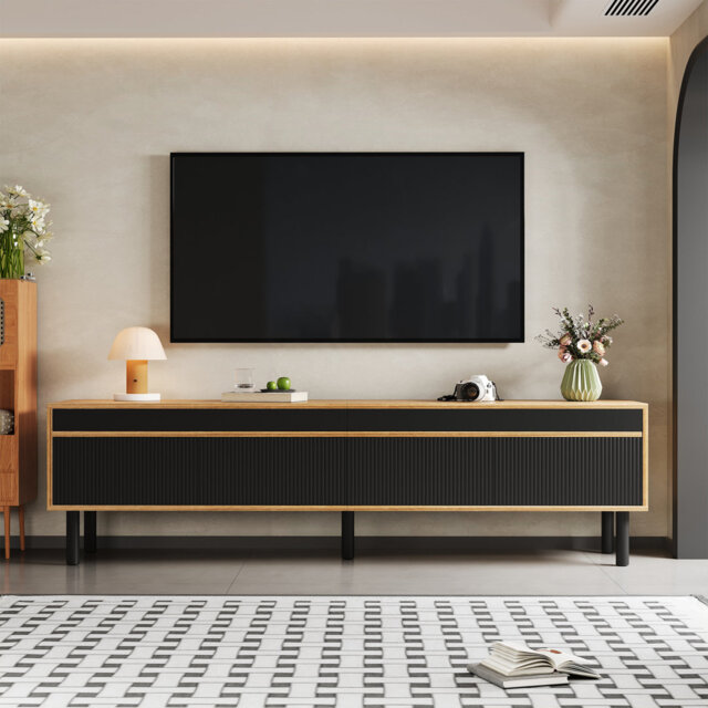 Tv Cabinet, Tv Table, Tv Panel, Low Cabinet With Four Doors. Fine Texture. Black, 170 L X 38w X 47 H (cm)