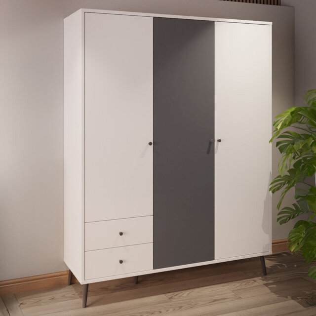 Mid-Century-Modern wardrobe, EasyKlix by Forte quick assembly system, 3 doors, 2 drawers, tall feet, engineered wood, sage/oak decor, 154.2 cm W x 201