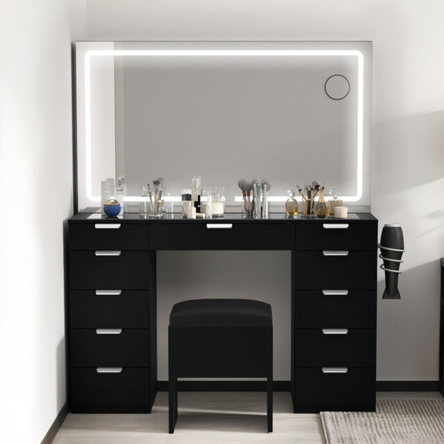 11-drawer Dressing Table With Led Lights,glass Top Bedroom Vanity Table With Large Mirror And Stool,black