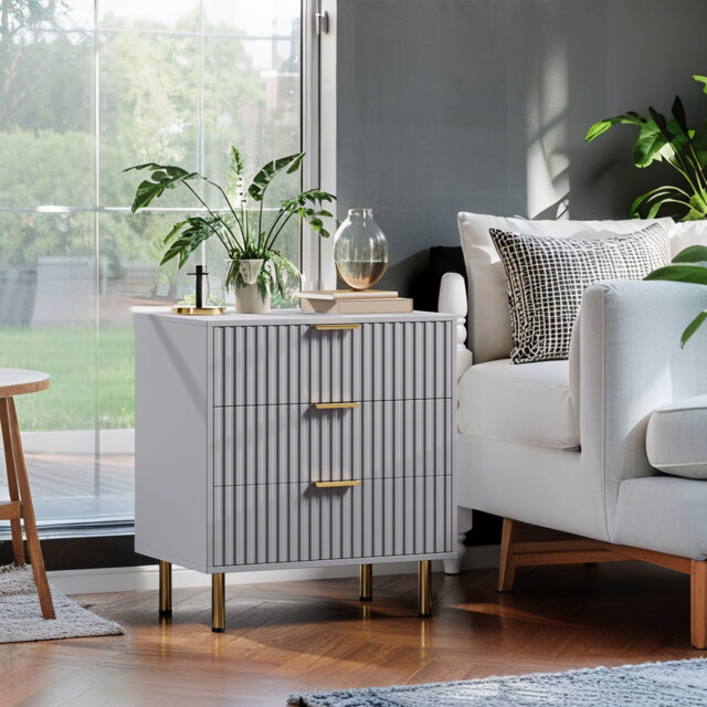 Fluted 3 Drawer Dresser for Bedroom, Modern Nightstand with Deep Drawers, Chest of Drawers with Wide Top, Wooden Dresser Organizer, Side Table for Liv