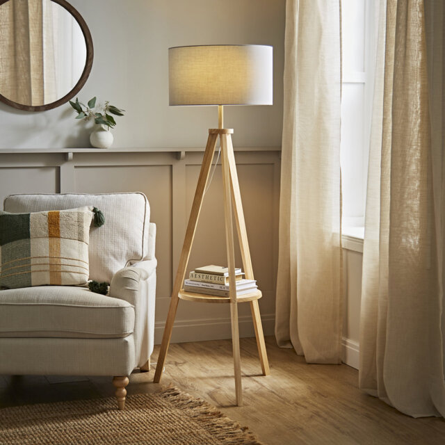 Ismay 149 cm Morrigan Wood Tripod Floor Lamp with Shelf & XL Reni Shade