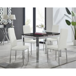 Tierra Modern Glass & Metal Extendable Dining Table Set & 4 Luxury Faux Leather Dining Chairs