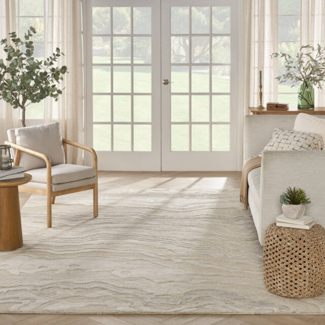Beige Abstract 10Mm Pile Rug, Handmade Modern Wool Stain Resistant Rug For Bedroom, Living, & Dining Room