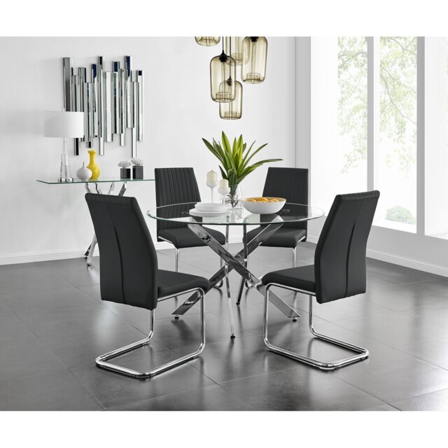 Tierra Modern Chrome Metal & Glass Round Dining Table Set with 4 Upholstered Faux Leather Chairs