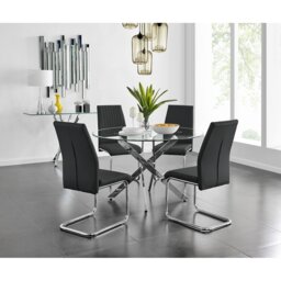Tierra Modern Chrome Metal & Glass Round Dining Table Set with 4 Upholstered Faux Leather Chairs