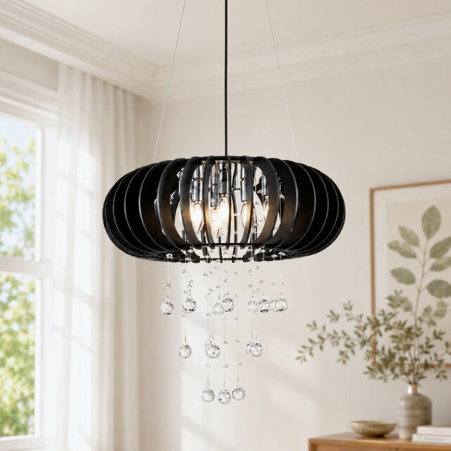 6 - Light Wood Caged Crystal Dimmable Chandelier